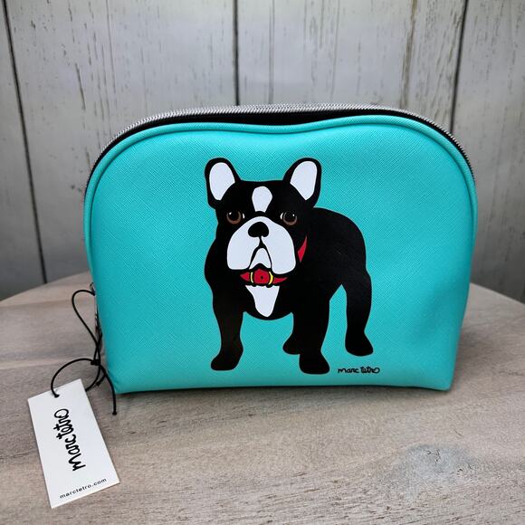 Marc Tetro Makeup Cosmetic Case Boston Terrier French Bulldog Teal Zipper Bag - Picture 7 of 15